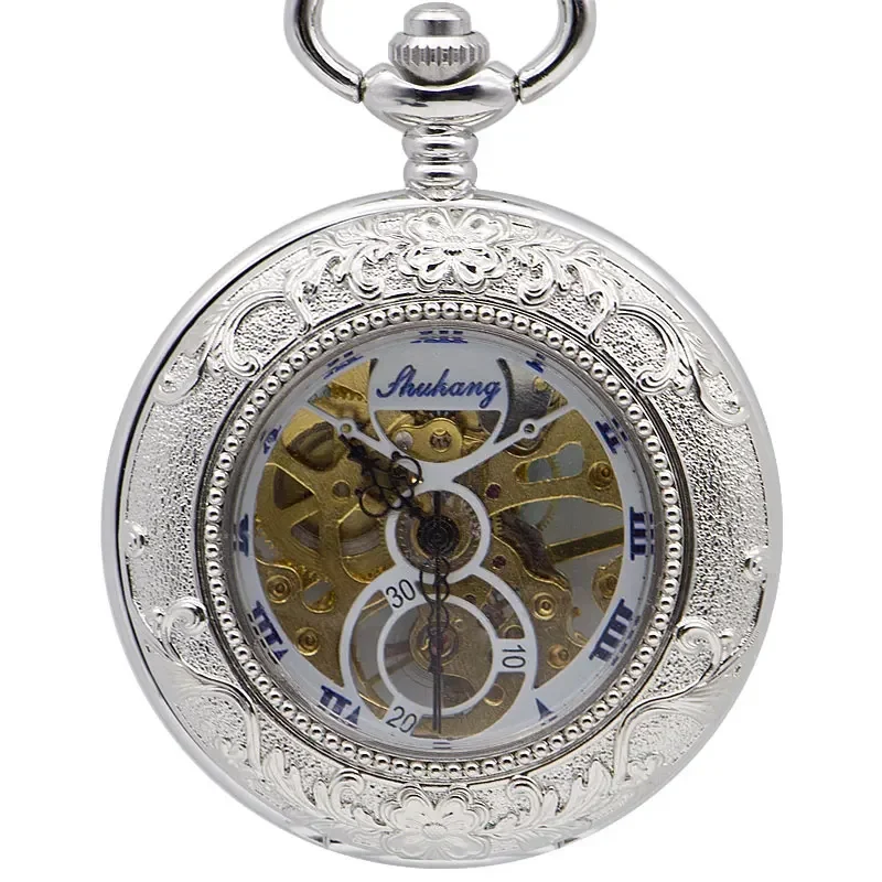 Luxury Silver Steampunk Roman Numerals Pocket FOB Watches Chain Engraving Hand Wind Mechanical Pocket Watches Relogio De Bolso