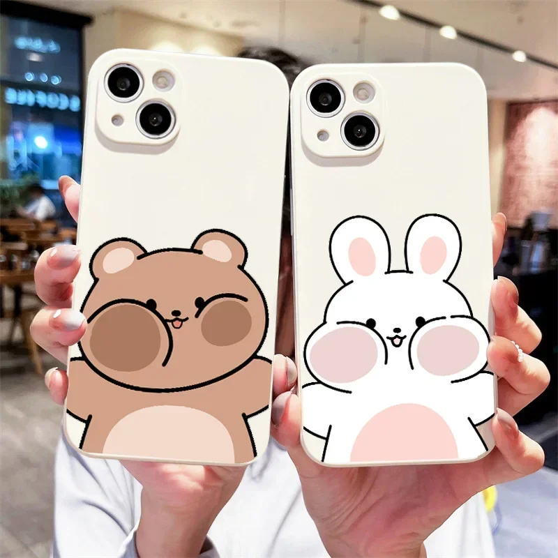 Cute Rabbit Bear Couple Paired Phone Case For iPhone 16 14 13 12 11 15 Pro Max Plus Mini SE3 XR Soft Lovers Cover Fundas Coques