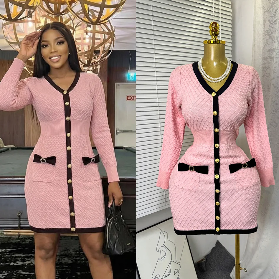 Vestidos femininos vestido de malha arco bolso cor bloqueada decote em v mangas compridas único breasted cintura cinched magro 2025 outono inverno