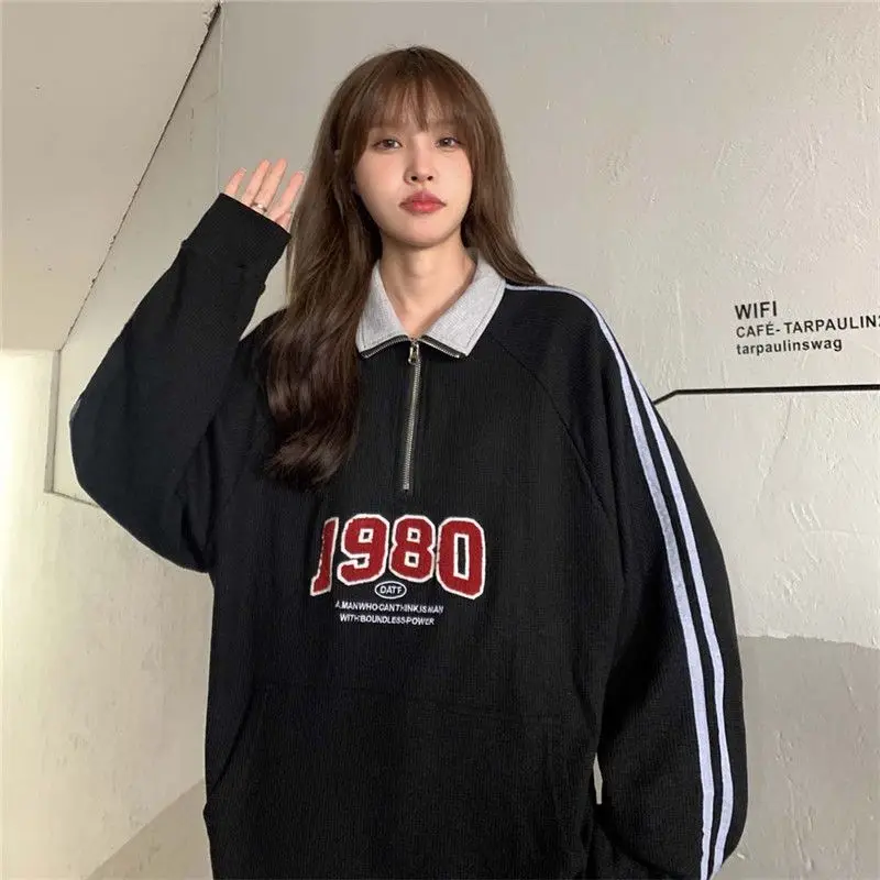 Oversized Sweatshirts Femme Stand Collar Loose Autumn Zipper Casual Pullovers Coat Women Clothing All-match Trend T-Shirts Tops