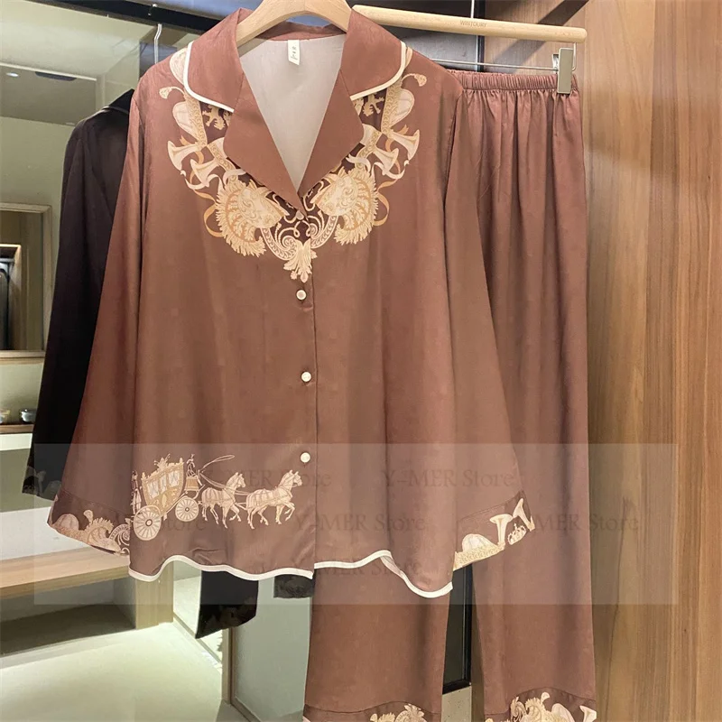 

Винтажный пижамный костюм, женская роскошная одежда для сна с принтом, коричневая рубашка, брюки, пижамы De Mujer, осенняя новая пижама Femme, свободная ночная рубашка