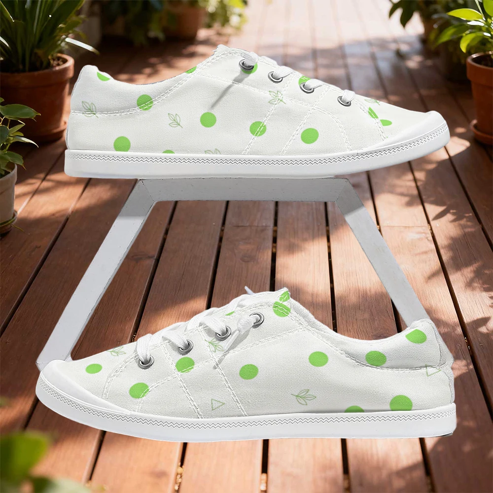 White Base Green Polka Dot & Leaf Print Low Top Casual Shoes For Women Lace Up Soft Sole Breathable Daily Walking Shoes view 6