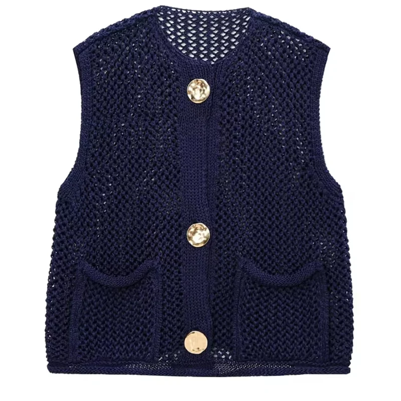 HXAO Women\'s Cropped Sweater Vests Sleeveless Knit Vest Woman Outerwears Autumn Round Neck Short Sweaters Green Navy Blue Vest