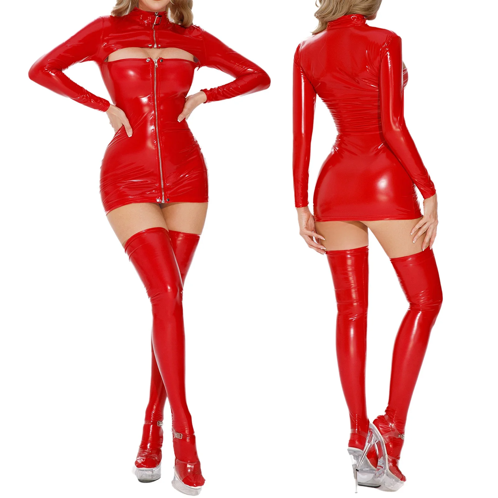 Mini abito da donna con cut-out in pelle PU, collo a lupetto, manica lunga, scollatura sul davanti, con cerniera, micro abito aderente, clubwear per feste rave