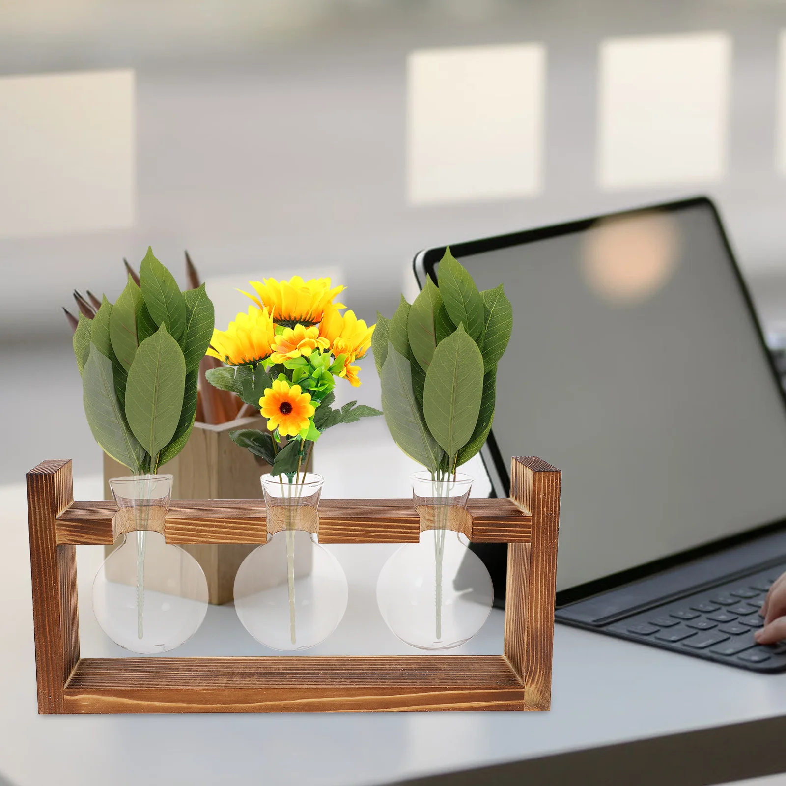 

1 Set Glass Hydroponic Flower Vase Wooden Stand For Desktop Home Decor Dried Flowers Container Indoor Plant Arrangement Office