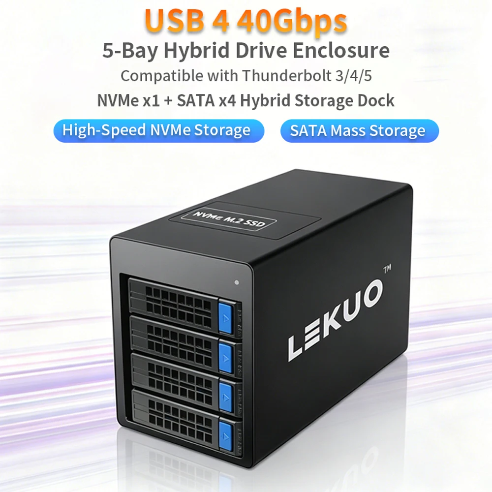 5-Bay USB4 Docking Station, 40Gbps Thunderbolt 3/4/5 NVMe + 4x SATA Enclosure, 128TB High-Speed DAS for Video Editing & AI