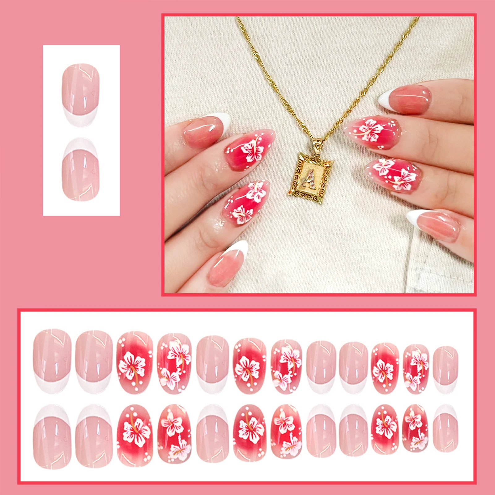 24 Stück süße rosa Press-On-Nägel mit rosa Schleifen-Design, französische Mandel-Kunstnägel, glänzende, modische koreanische künstliche Nagel-Patches, Maniküre – Detail 18