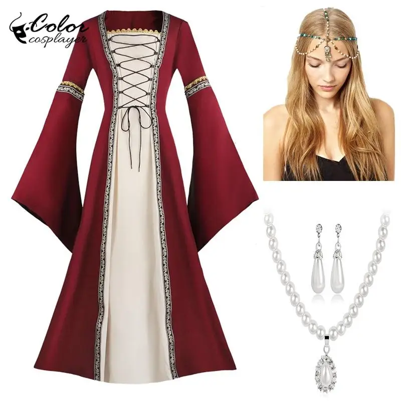 Farbe Cosplayer mittelalter liche Kleider Anzug Prinzessin Cosplay Kostüm Vintage Halloween Kleid Schnürung lang ärmel ige Robe ausgefallene Outfit