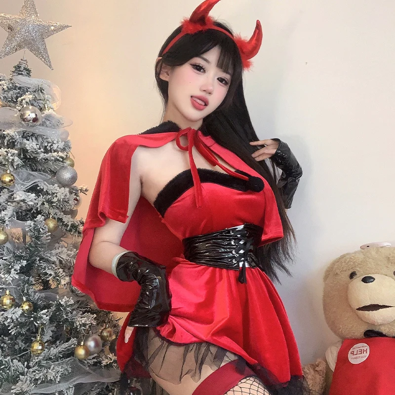 Женская велюровая сексуальная рождественская юбка, костюмы для косплея, зимнее милое рождественское платье с шалью, новогоднее праздничное платье, женский кавайный плащ