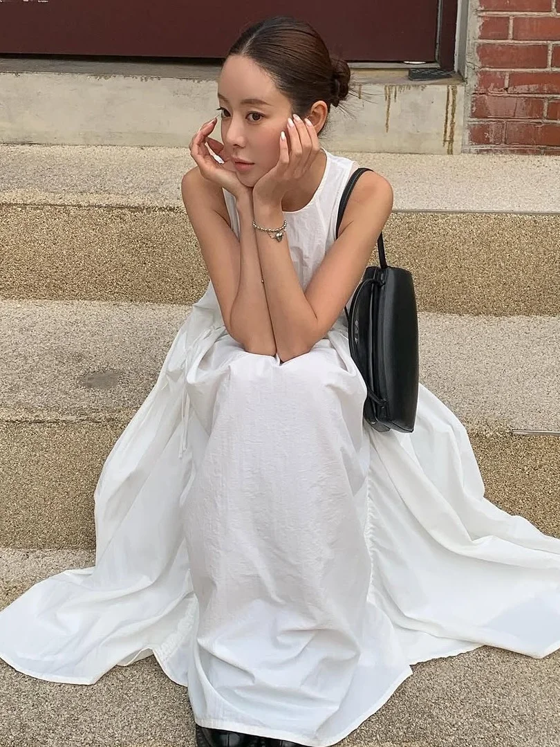 여름 민소매 드로스트링 원피스 여성용 프레시 스타일 루즈핏 A라인 한국 스타일 미디 기장 스커트 캐주얼 편안한 베스트 원피스