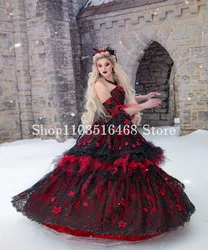 Vintage Gothic Victorian Evening Dresses Black Red Sweetheart Neck Floral Embroidered Lace Ruffles Costume Party Halloween Dress