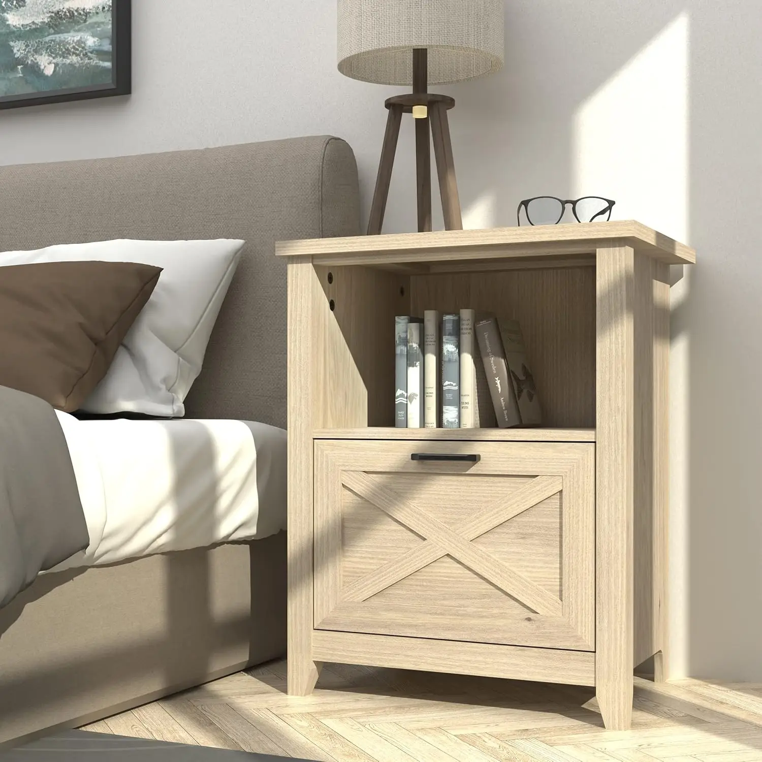 Tall Nightstand for King & Queen Bed - FSC-Certified Wood Large Bedside Table with Storage Drawer & Open Cubby, Beige End Table