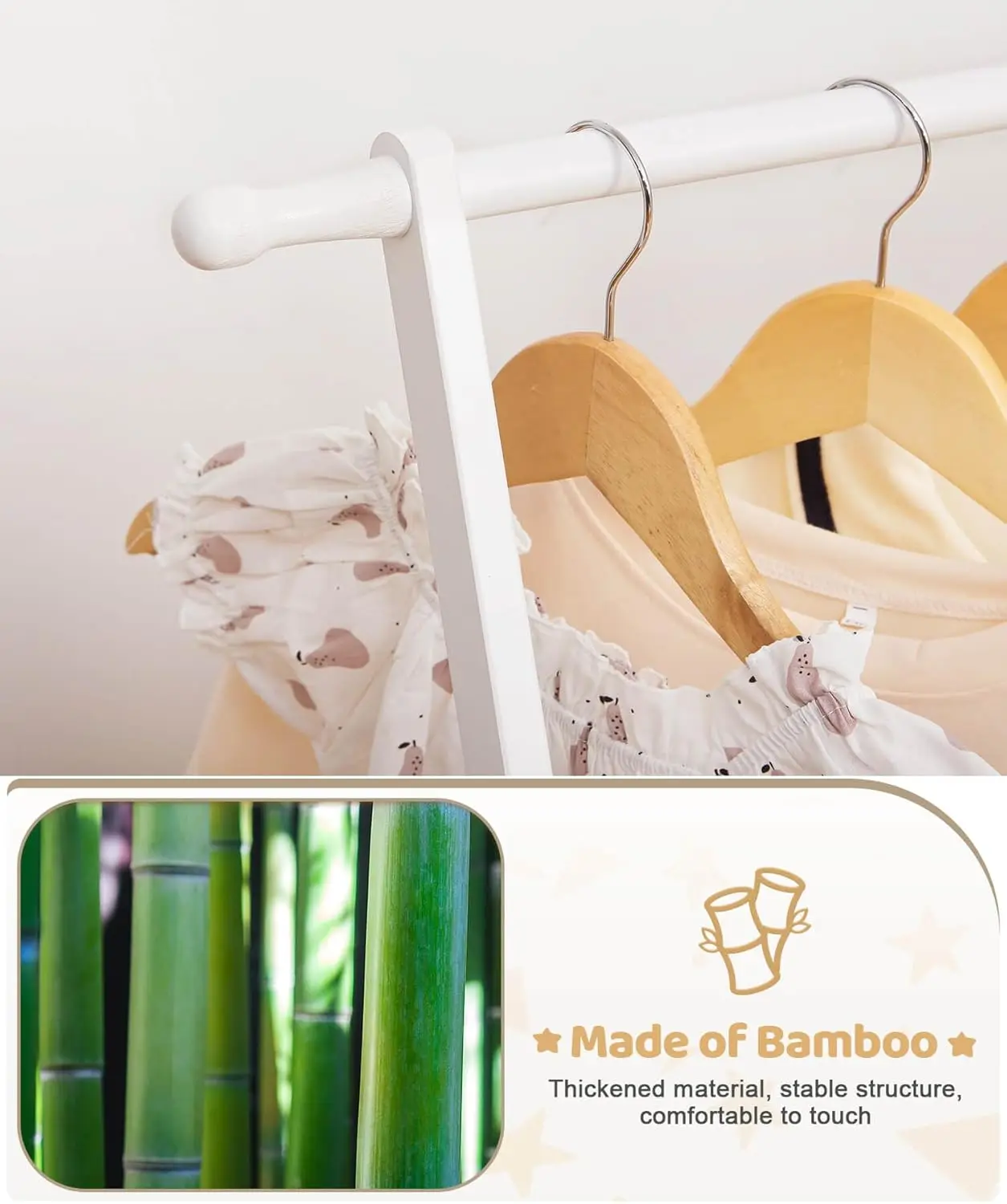 Appendiabiti per bambini con 2 aste per appendere, 4 ganci, ripiano portaoggetti - Supporto pieghevole in bambù