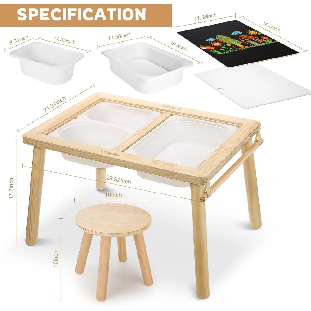 Juego de mesa y silla sensorial, mesa para niños 3 en 1 para jugar, estudio, arte, comedor, almacenamiento de juguetes, para niños pequeños, mesa de actividades con contenedores de almacenamiento