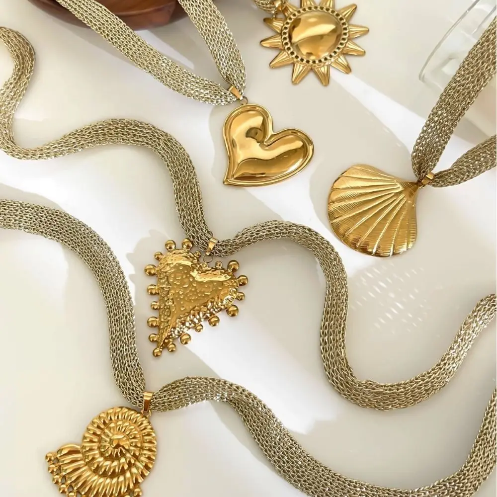 Mesh Belt Stainless Steel Gold Plated Exaggerated Design Heart Shape Conch Shell Pendant Sun Pendant Casual Wear