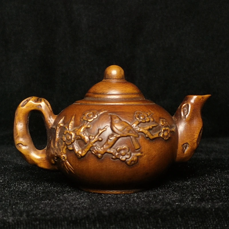 

1919 Antique art Size L 7.5 CM Chinese boxwood carved magpies plum flower pot kettle shape decoration