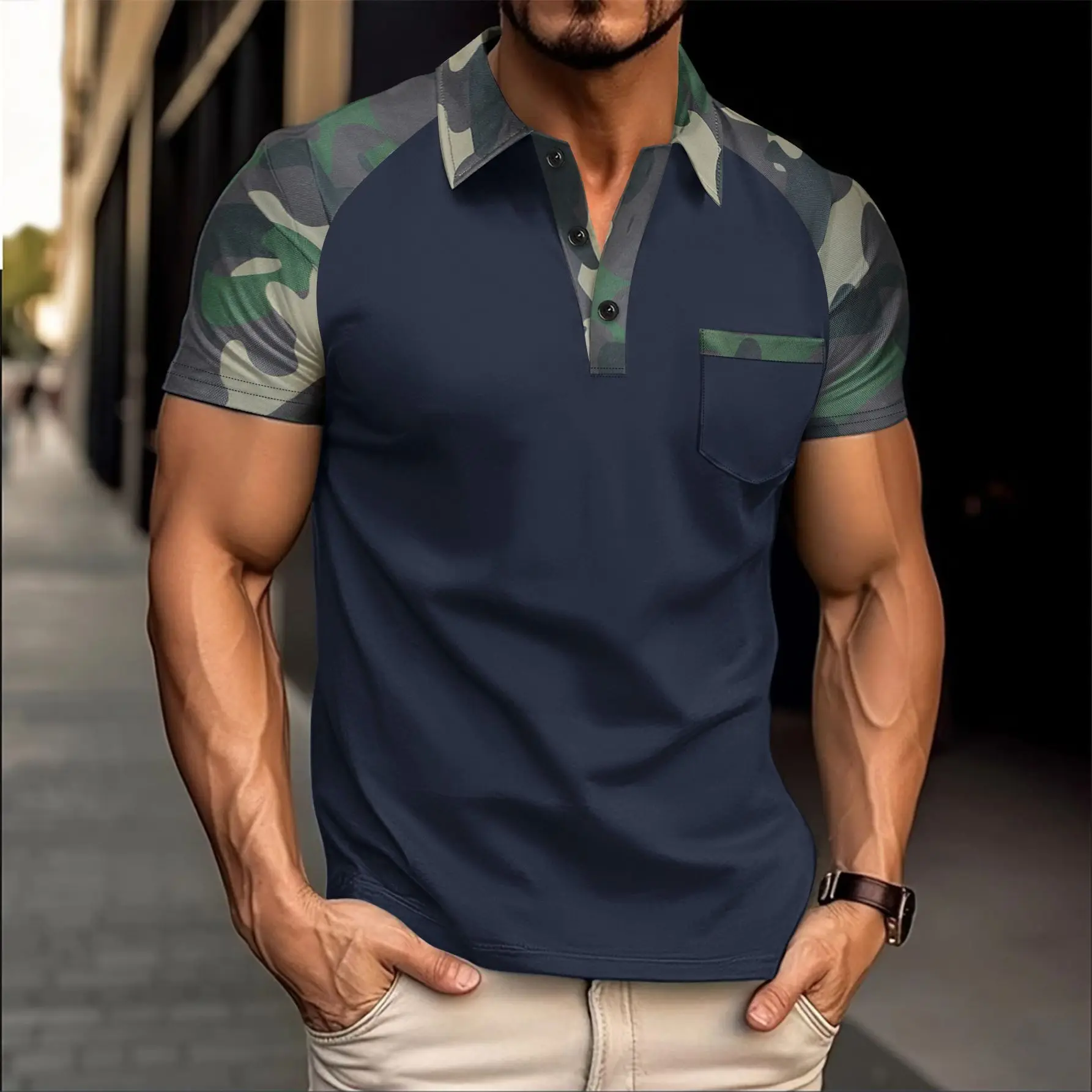 Amerikanisches neues Sommer-Outdoor-Camouflage-Farbblock-Poloshirt für Herren mit Reverstasche, kurzen Ärmeln und Knopfleiste, lässiges Oberteil