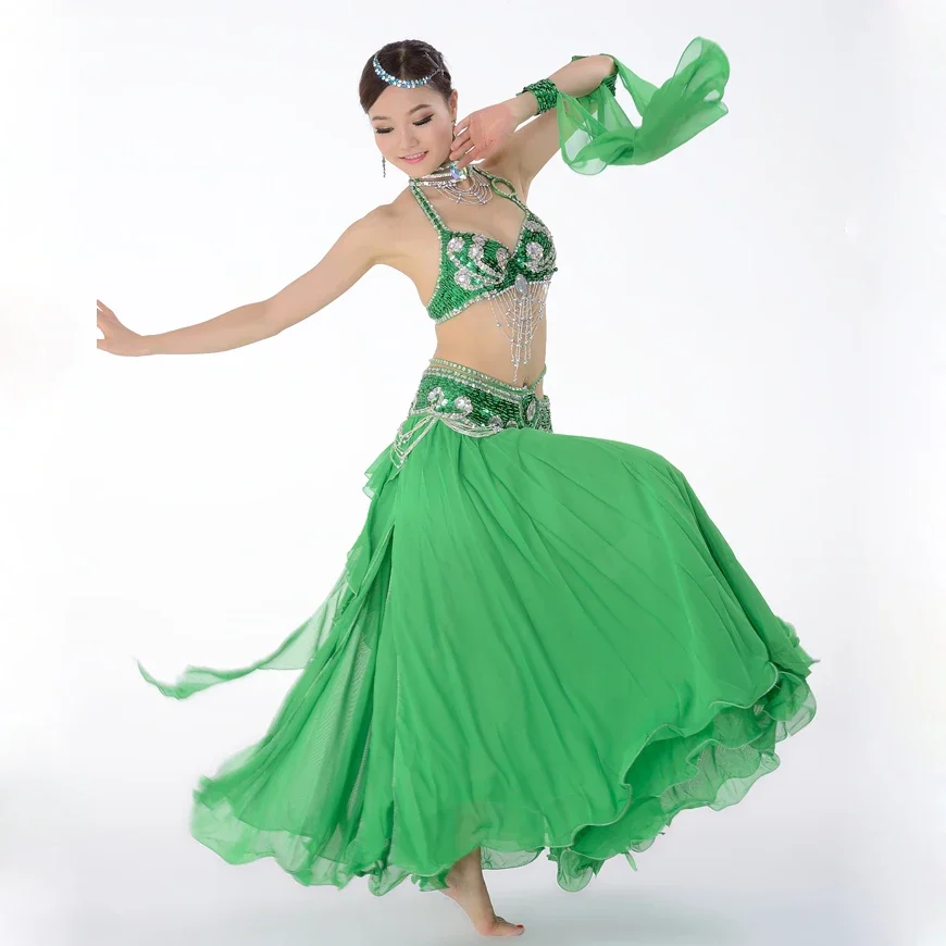 

Одежда для танца живота в восточном стиле, костюм из трех предметов, бюстгальтер с бисером, юбка с поясом, комплект костюмов для танца живота