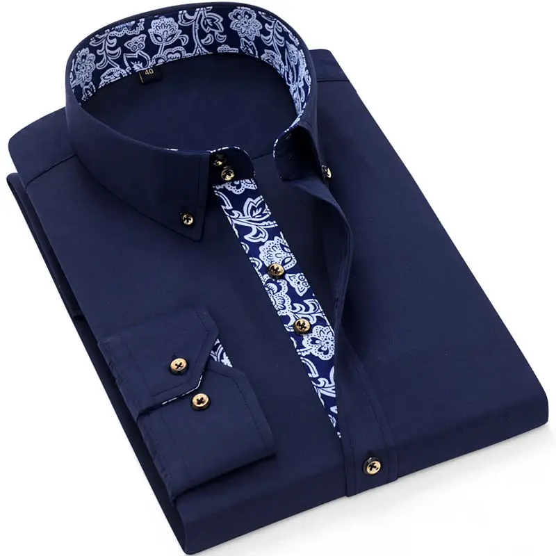 Blue-and-white Porcelain Collar Dress Shirt Men Long Sleeve Korean Slim Fit Casual Office Business Solid Color White Navy Blue