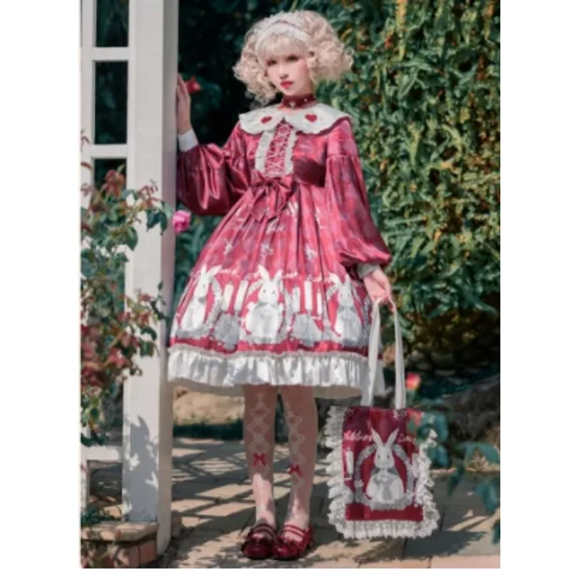 Kawaii Girl Gothic Lolita Op Palace Princess Sweet Lolita Dress Vintage Turn-down Collar Bowknot Cute Printing Victorian Dress