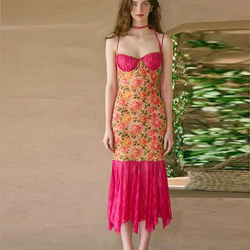 

2025 Spring New Women's Clothing Sexy Lace Splicing Slim Backless Retro Printing Suspender Dress Women