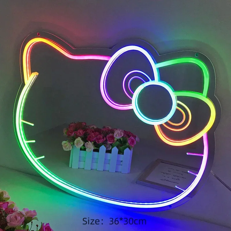 Flash KT Cat LED Lights Colorful Bear Neon Sign Mirror Christmas Party Decoration Hello Kit Light USB Multimode Wall Room Decor