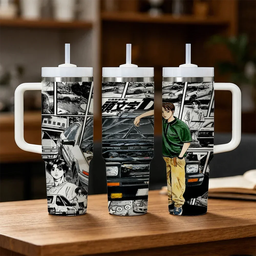 Anime I-Initial D Vacuum Flasks 40oz Stainless Steel Insulated Tumbler With Handle & Straw Leakproof Travel Mugorders for other colors will be shipped randomly in black or white