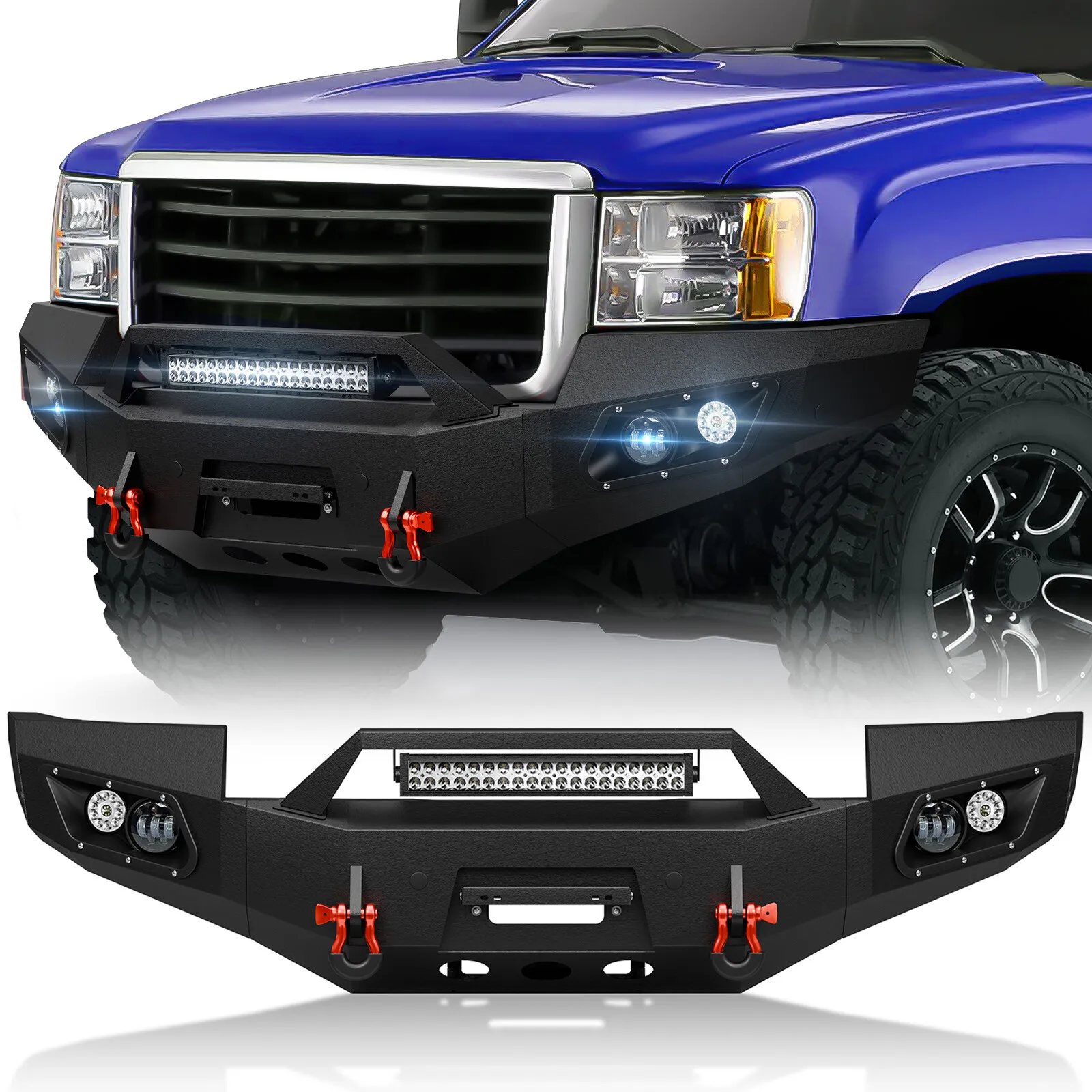 

Front Bumper with License Plate Bracket & Winch Plate & Sensor Holes & 2× D-rings for 2011-2014 GMC Sierra 2500 3500 HD Off-Road