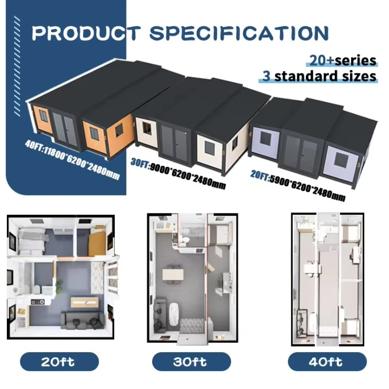 غلاف وحدات قابل للتطوير بيوت حاويات ذات إطار فولاذي بطول 20 قدمًا/40 قدمًا، وتخطيطات قابلة للتخصيص ومنازل جاهزة للنشر السريع. #4
