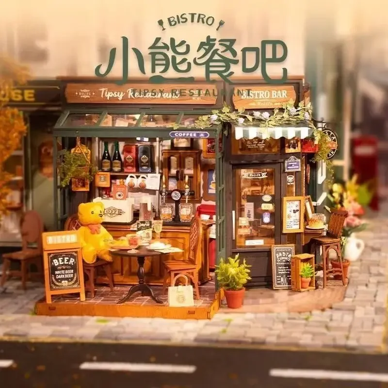 Tipsy Restaurant DIY Wooden Model Kits Custom Cute Miniature House Diorama Wooden Puzzles Build Best Gifts for Girls Boys