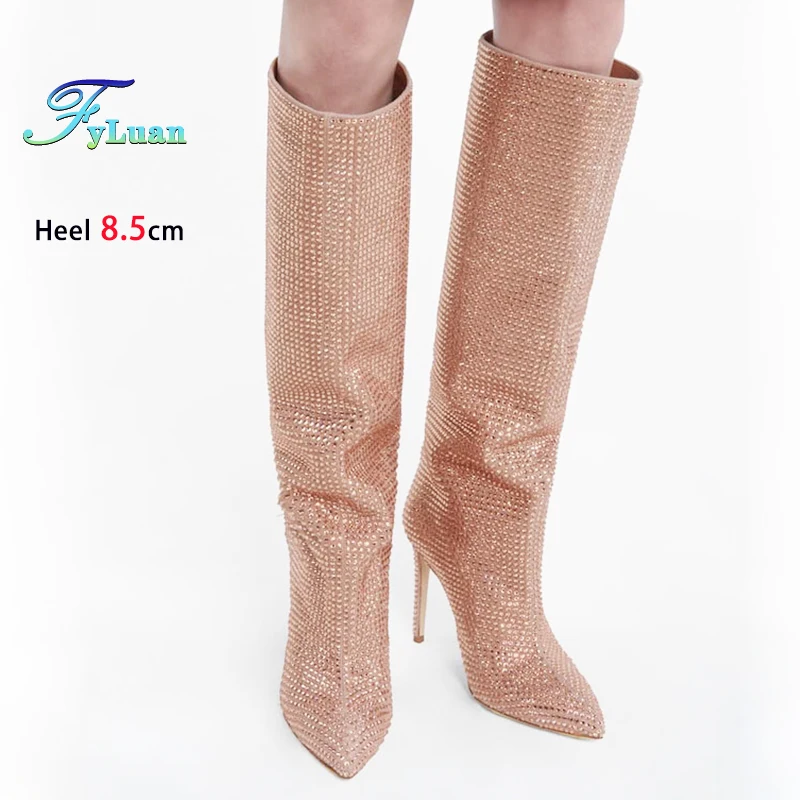 Luxury Rhinestones Blingbling Pointed Long Boots For Women 8.5CM Stiletto Heels Knee-high Model Stage Show Shoes Botas De Mujer