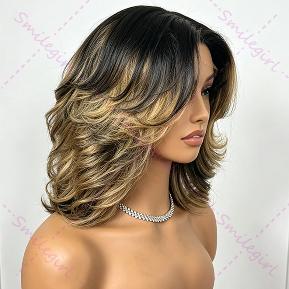 Body Wave 4/27 Color Short Bob Wig Ombre Highlight 5X5 Lace Frontal Wigs Brown Honey Blonde Raw Human Hair Preplucked Layered Cut Bouncy Colored Bob Wig