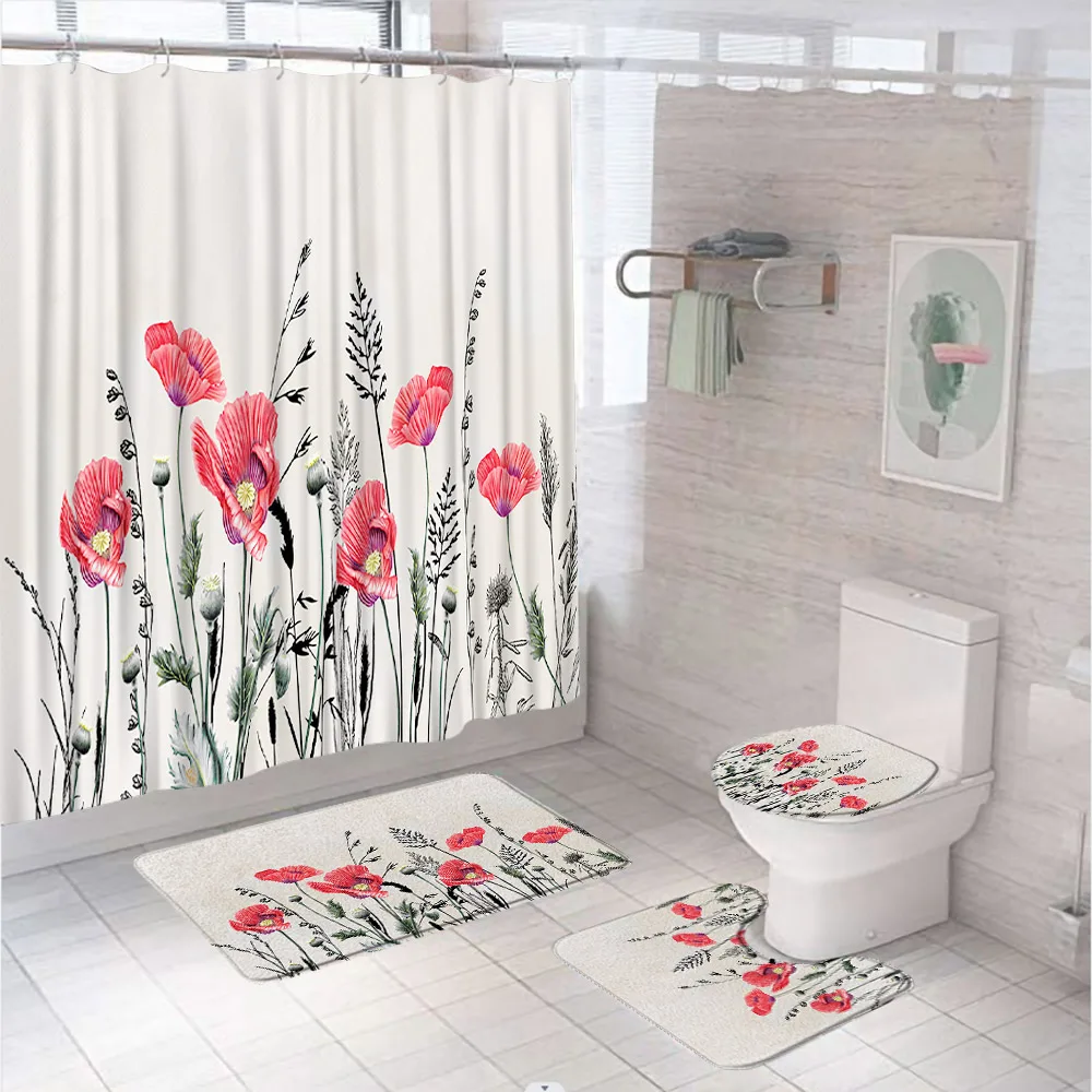 Floral Shower Curtains Set With Bath Mat Rug Toilet Cover Poppies Pastoral Flowers Botany Bouquet Field Fabric Bathroom Curtain