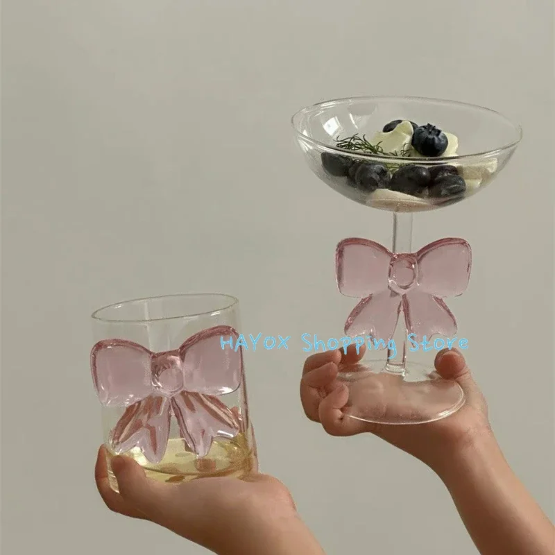 Pink Big Bow Glass Heat-resistant Coffee Cup Home Cute Cold Drink Ice Cream Cup Light Luxury Simple Glass Tableware Mug Gift