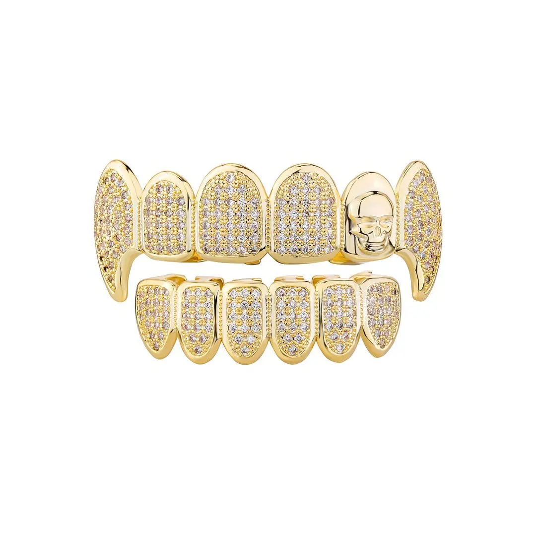 Skeleton Head Grillz Teeth Jewelry Micro Pave CZ Gold Silver Tone Hip Hop Fashion Mouth Accessories