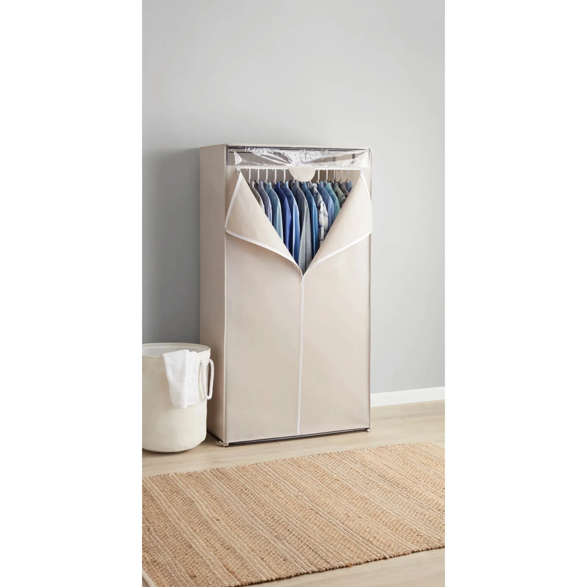 単層洋服クローゼット、36 インチ、グレー軽石。 スチールフレーム、ジッパー付きカバー。 寝室用、省スペース、組み立て簡単。