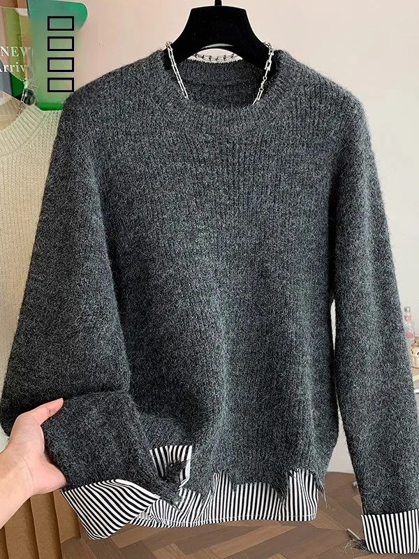 

Faionable Loose Knitted Sweater Women's Autumn Winter Sle Fake Two-Piece Crew Ne Top Quali Wool Blend for Teens