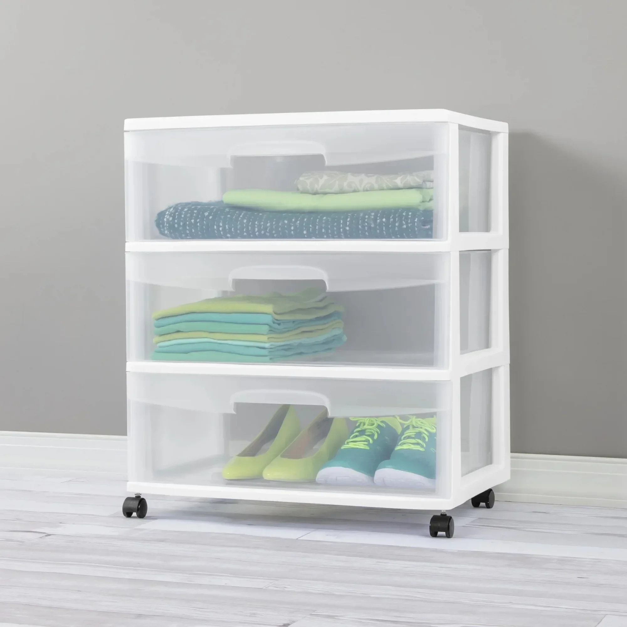 White Wide 3-Drawer Rolling Storage Cart, Clear Plastic Organizers for Bedroom Office Kitchen Bathroom, Versatile Cart