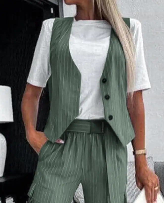 Two Piece Set Women Outfit 2024 Summer Fashion Striped V-Neck Asymmetrical Vest Top & Elegant Pocket Work Cuffed Pants Set