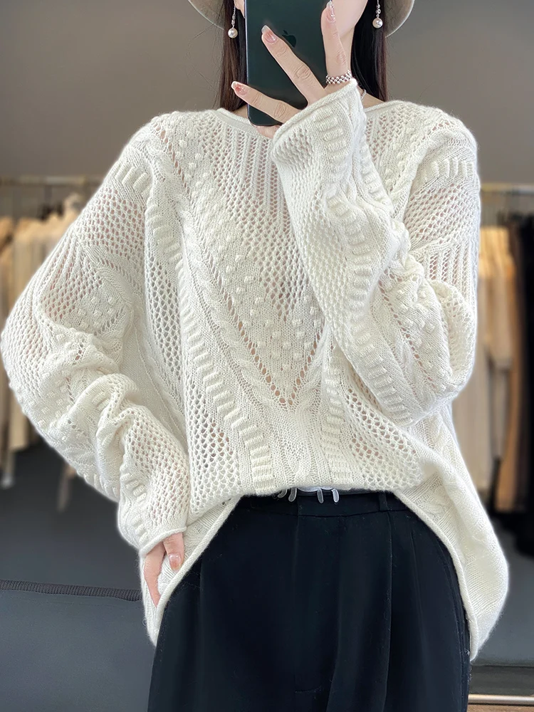 Addonee Women Sweater Hollow O-neck Pullover Vintage 100% Merino Wool Long Sleeve Cashmere Knitwear Autumn Winter Clothing Tops