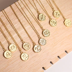 Vintage Irregular Round Coin Zodiac Sign Necklace for Women Stainless Steel Lava Shape 12 Constellations Pendant Necklaces Gifts