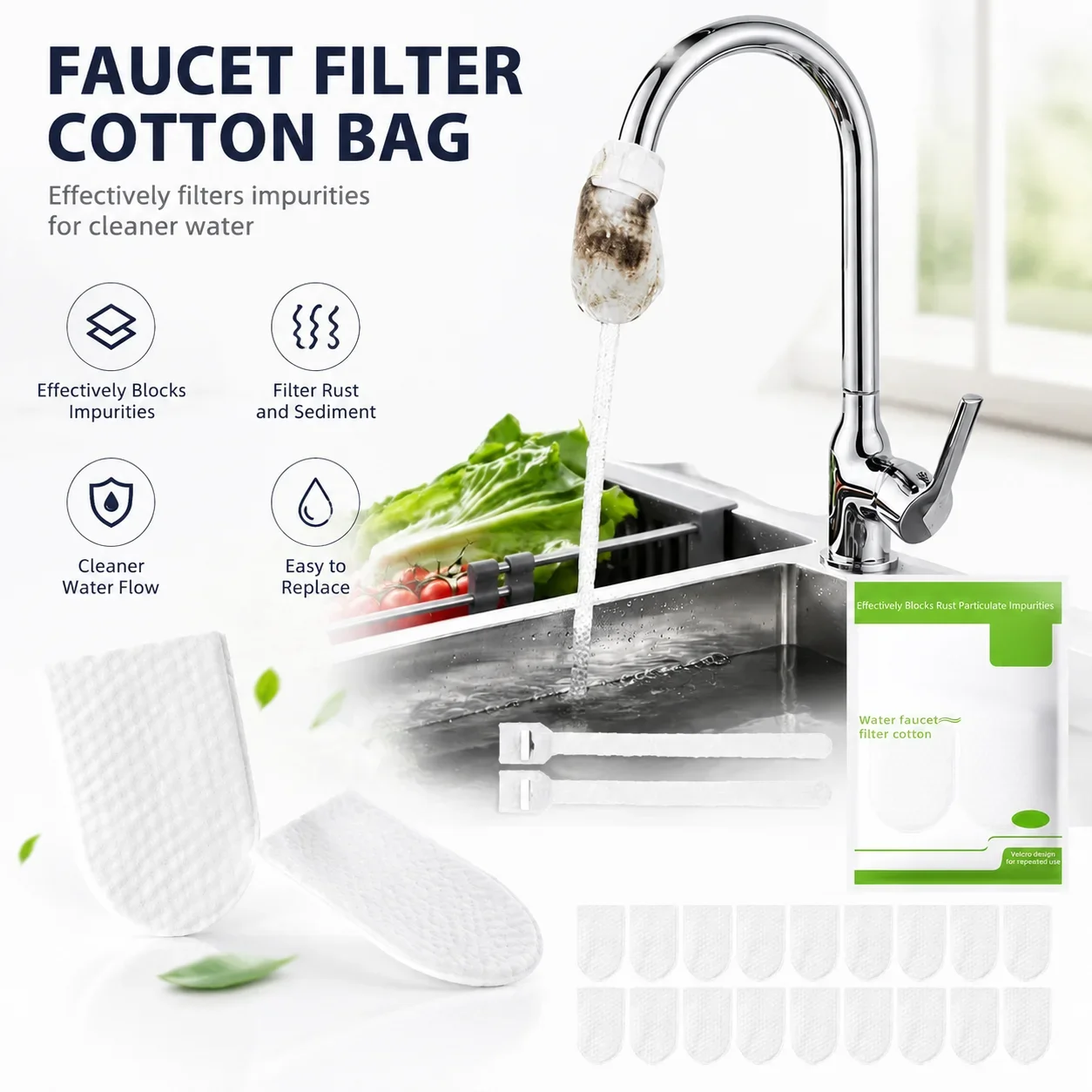 Sediment-Filtering Faucet Filter Bag High-Density Fiber for Kitchen Sinks Rust Removal Washable Universal Water Purifier