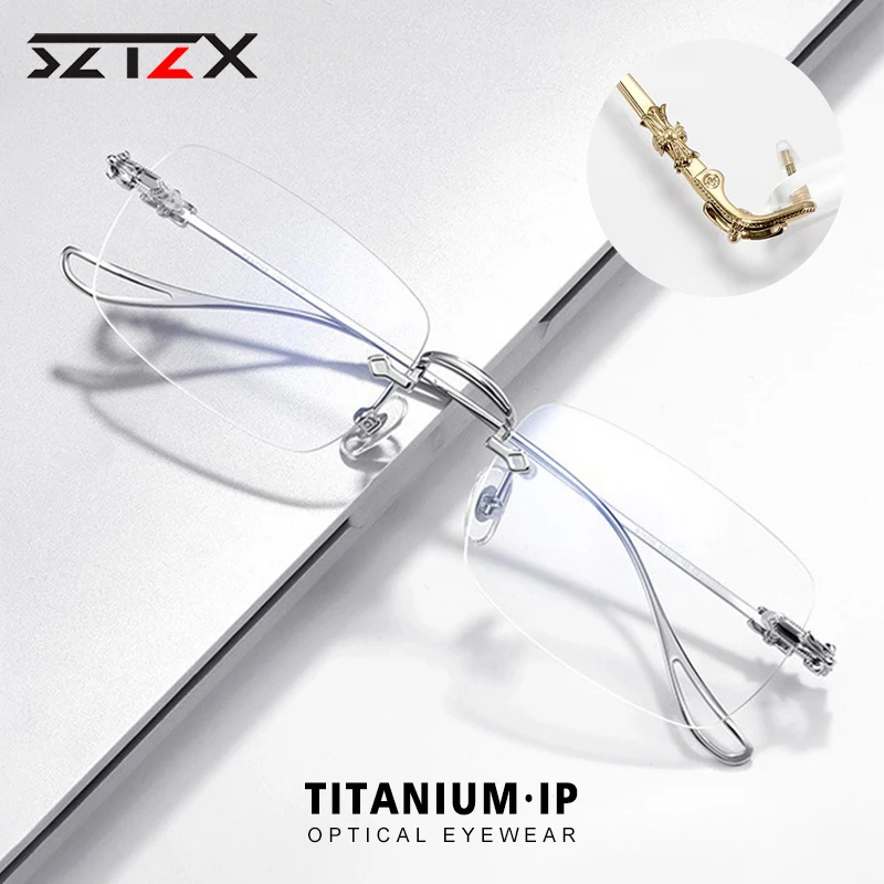 

SZTZX Retro Pure Titanium Rimless Reading Glasses Square Myopia Hyperopia Glasses Anti-blue light Customized Optical Glasses