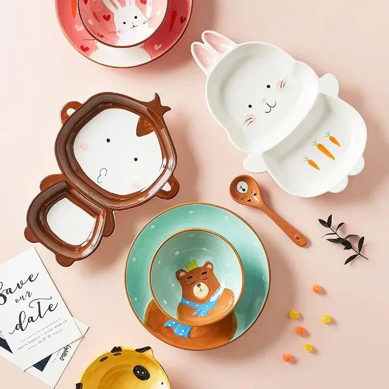 Children Cartoon Ceramic Partition Plates Rice Bowl Animal Creative Home Underglaze Color Tableware Cute Feeding Dish Gift