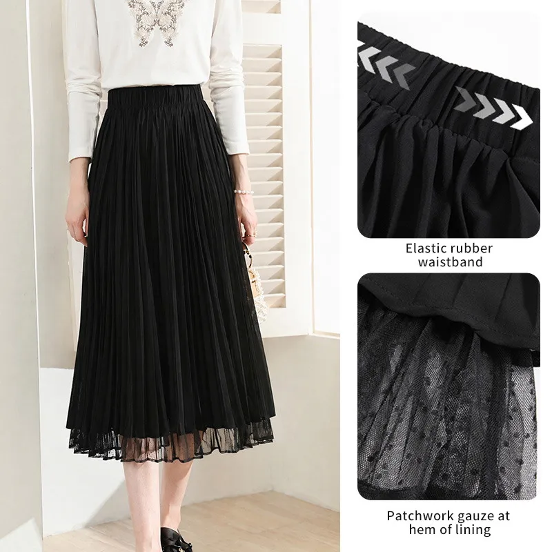 I BELIEVE YOU Black High Waist Elastic Midi Skirt for Women 2026 Autumn Mesh Splicing A -line Pleated Elegant Skirt 2263026376