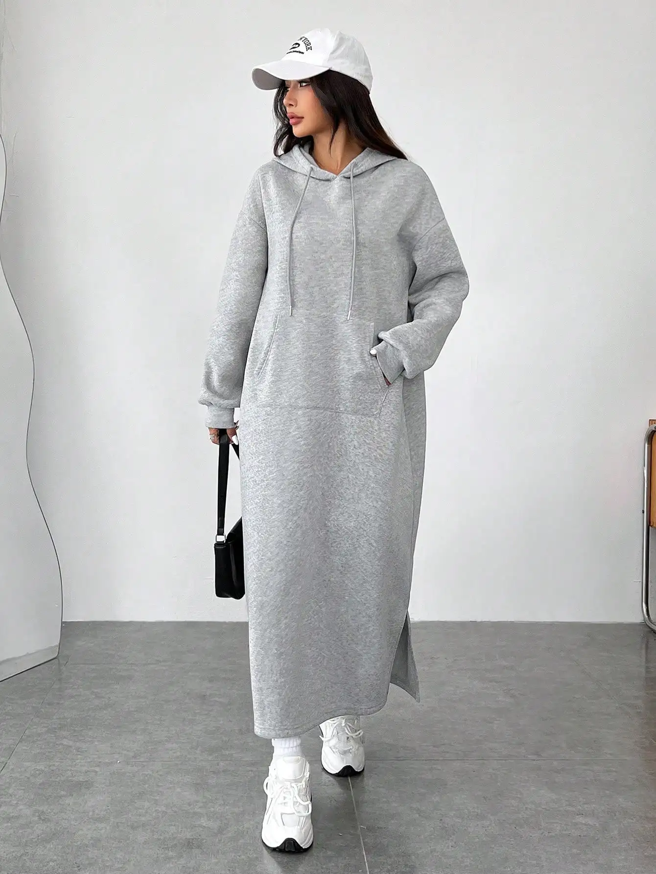 Vestido de moletom longo cinza com capuz para mulheres, moletom casual grande outono inverno com bolsos