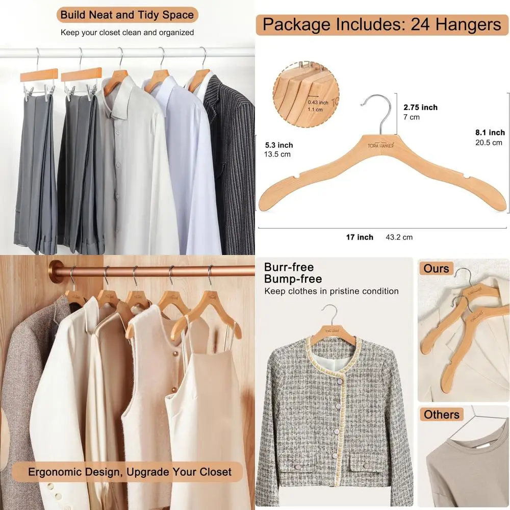 

24-Pack Premium Wood Suit Hangers with No Shoulder Bump, 360° Swivel Hook, Cut Notches for Various Clothing Styles