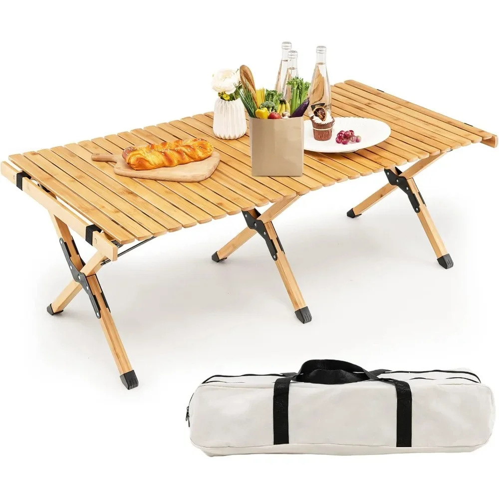 

Folding Picnic Table, Roll-up Bamboo Tabletop, Portable Camping Table w/Carry Bag, Indoor Outdoor Table for Patio