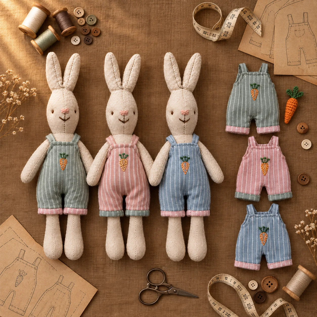Vintage Linen Bunny Family Plush Doll, Mini Dollhouse Rabbit Playset, Suitcase Diorama Pretend Play Toy, Waldorf Fabric Bunny
