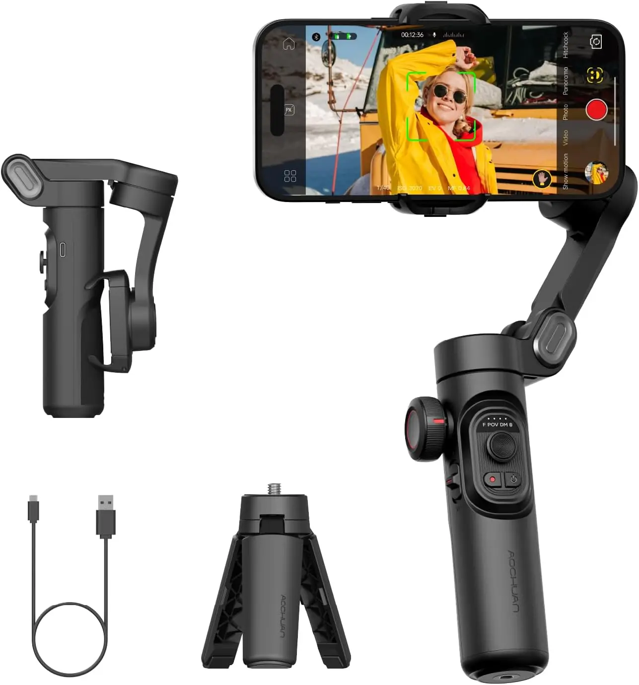 Estabilizador de Gimbal Plegable de 3 Ejes para Teléfono con Seguimiento Facial/de Objetos y Rueda de Enfoque para Grabación de Video en iPhone y Android